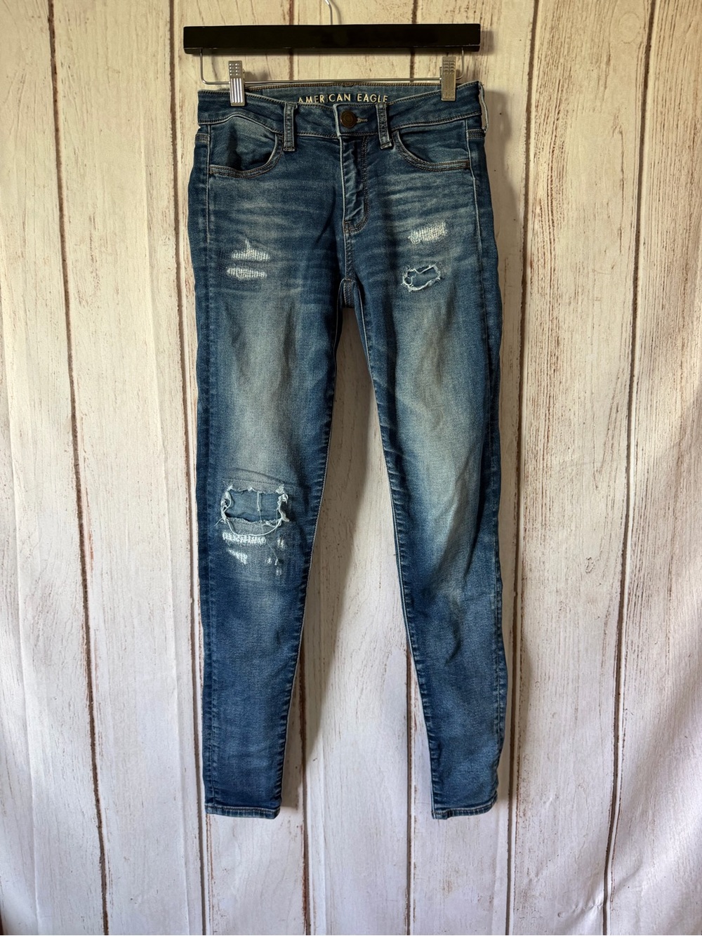 American Eagle Super Stretch Skinny Jeans Distressed Blue Denim Size 2